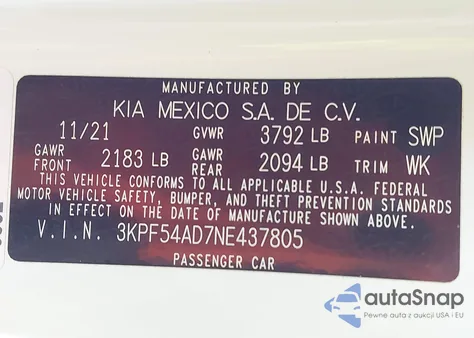 2022 Kia Forte Gt-Line z USA, uszkodzony, nr VIN 3KPF54AD7NE437805